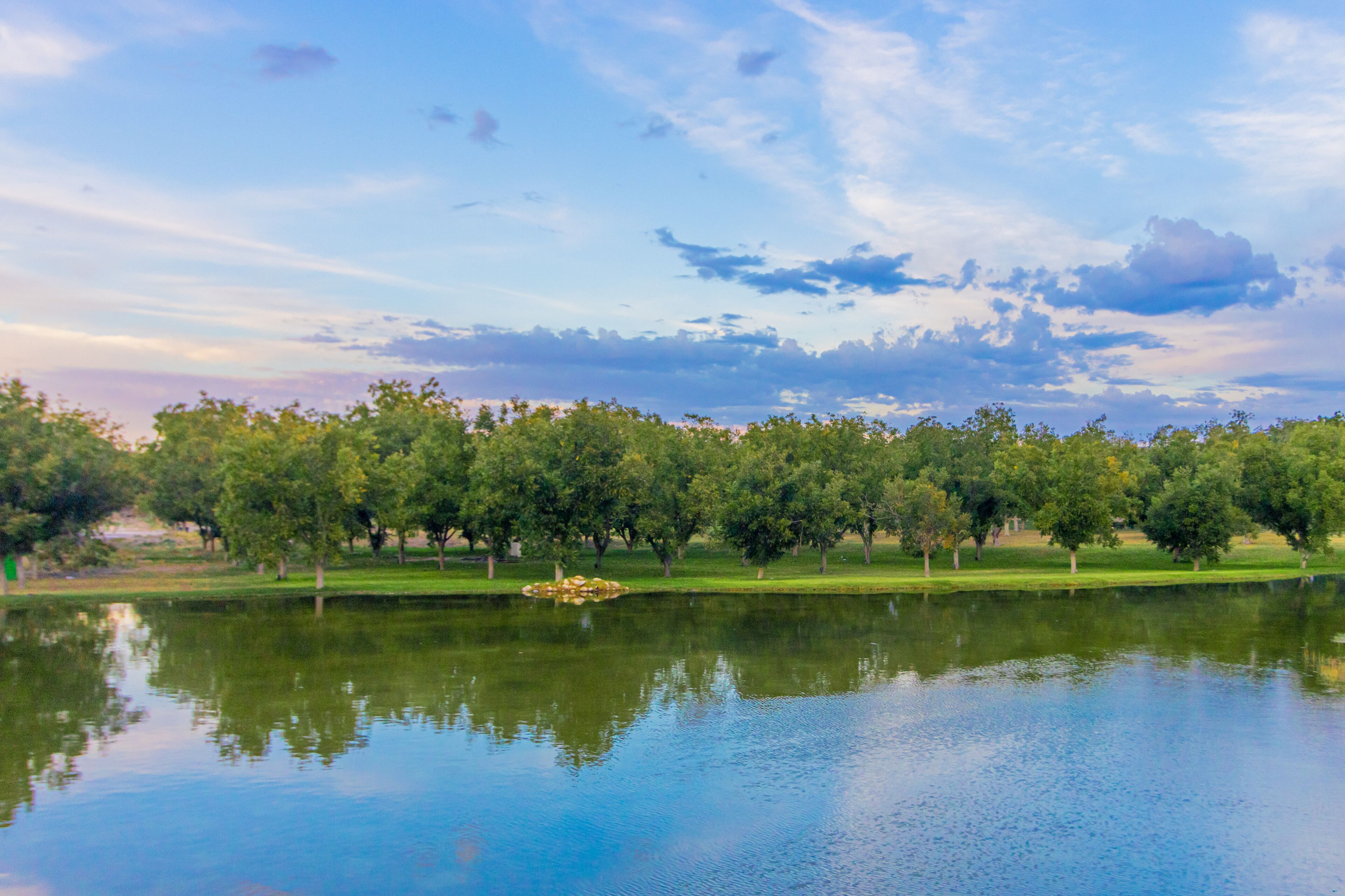 A serene lakeside view with a calm water surface reflecting the sky and trees.