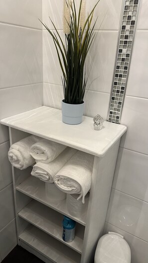 Douche, sèche-cheveux, serviettes fournies, savon