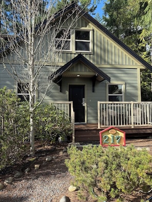 A two-story house with a front porch, a mailbox, and a mailbox number 217.