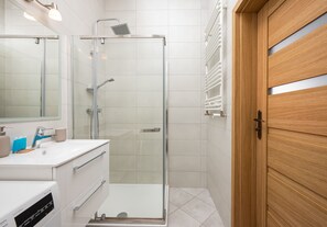 Shower, hair dryer, towels