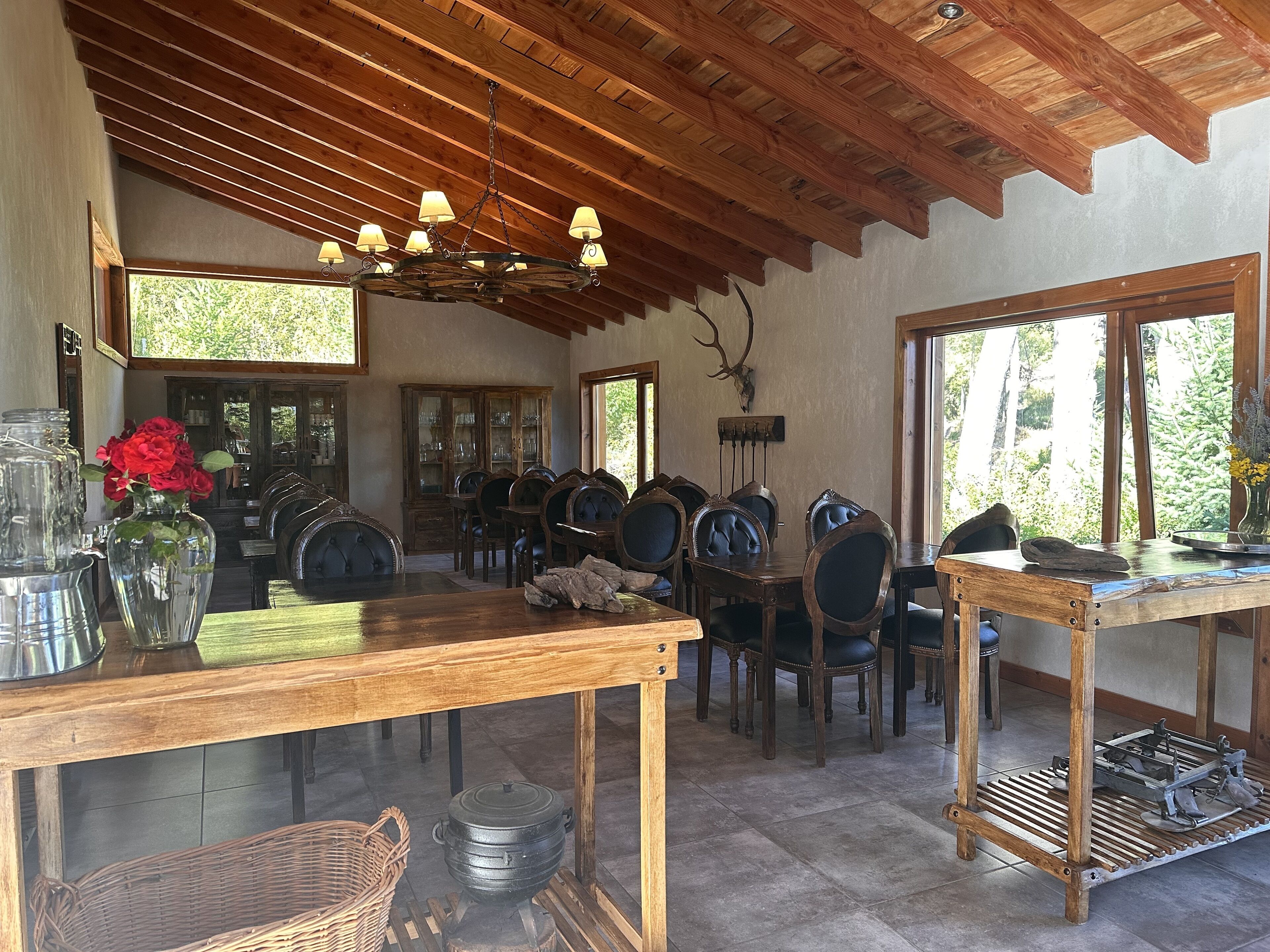 A rustic dining area with wooden tables and chairs, a chandelier, and a deer head mounted on the wall.