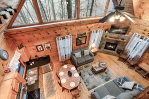 Smart TV, fireplace, books