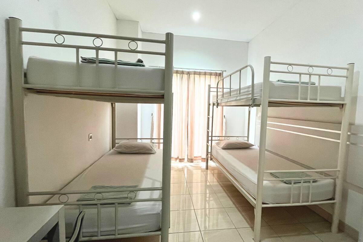 A dormitory room with bunk beds, a desk, and a window with curtains.