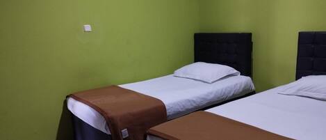 A room with two single beds, each with a brown blanket and white sheets. The walls are painted green.