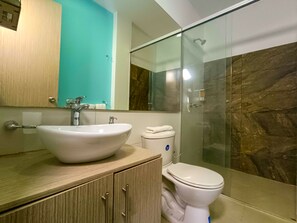Hair dryer, towels, soap, toilet paper