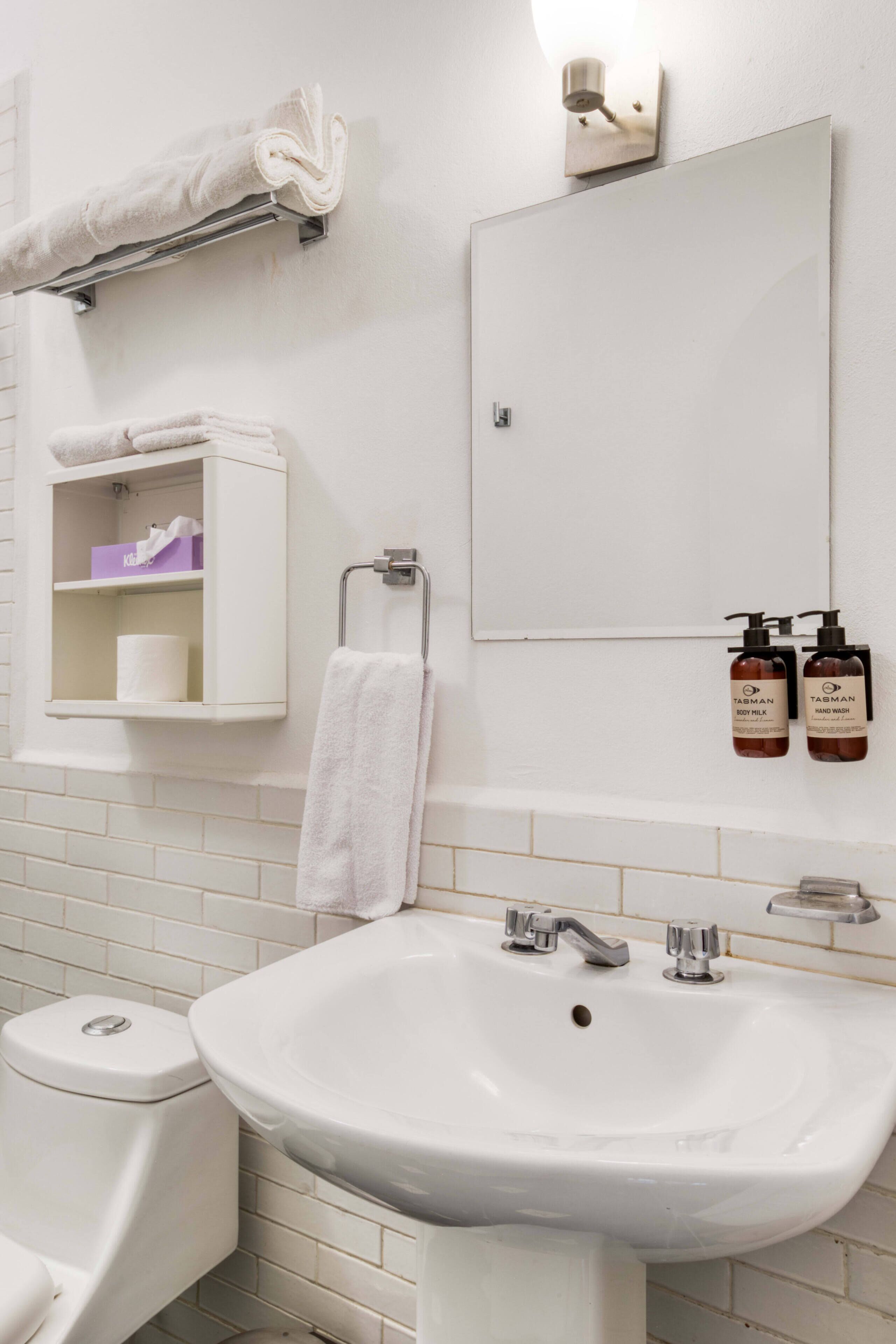 A bathroom with a white sink, a toilet, a towel rack, a mirror, and two bottles of hand soap.