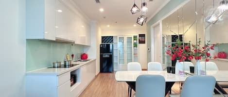 Fridge, microwave, electric kettle, rice cooker