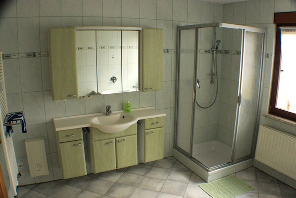A bathroom with a sink, mirror, cabinet, shower, and a window.