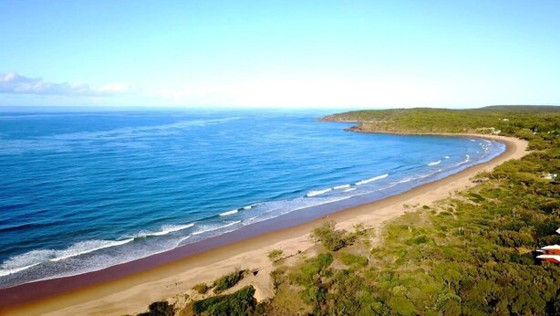 Un paysage côtier avec une plage, l’océan et de la végétation.