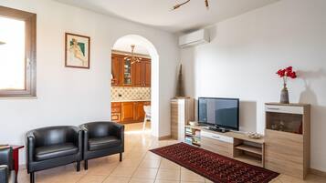 A living room with a sofa, TV, and a red rug. There is a kitchen visible through an archway.