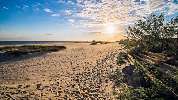 Een strand met voetafdrukken die naar het water leiden, een houten looppad en een ondergaande zon op de achtergrond.