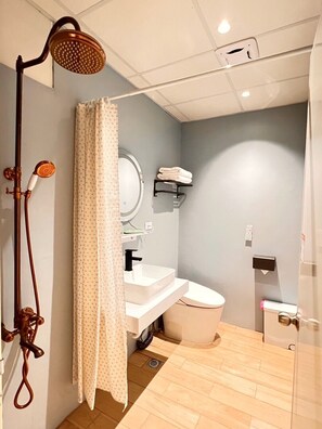 Shower, rainfall showerhead, hair dryer, slippers