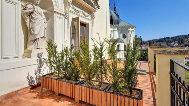 Un edifici amb una estàtua, una església amb cúpula i una terrassa enrajolada amb plantes en testos.