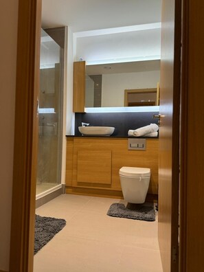 Shower, towels, shampoo, toilet paper