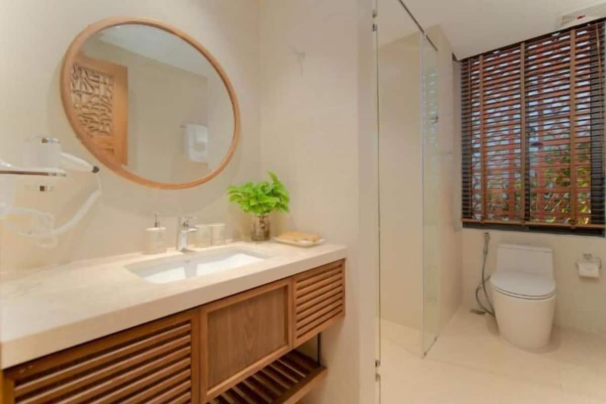 Bathroom | Hair dryer, slippers, towels