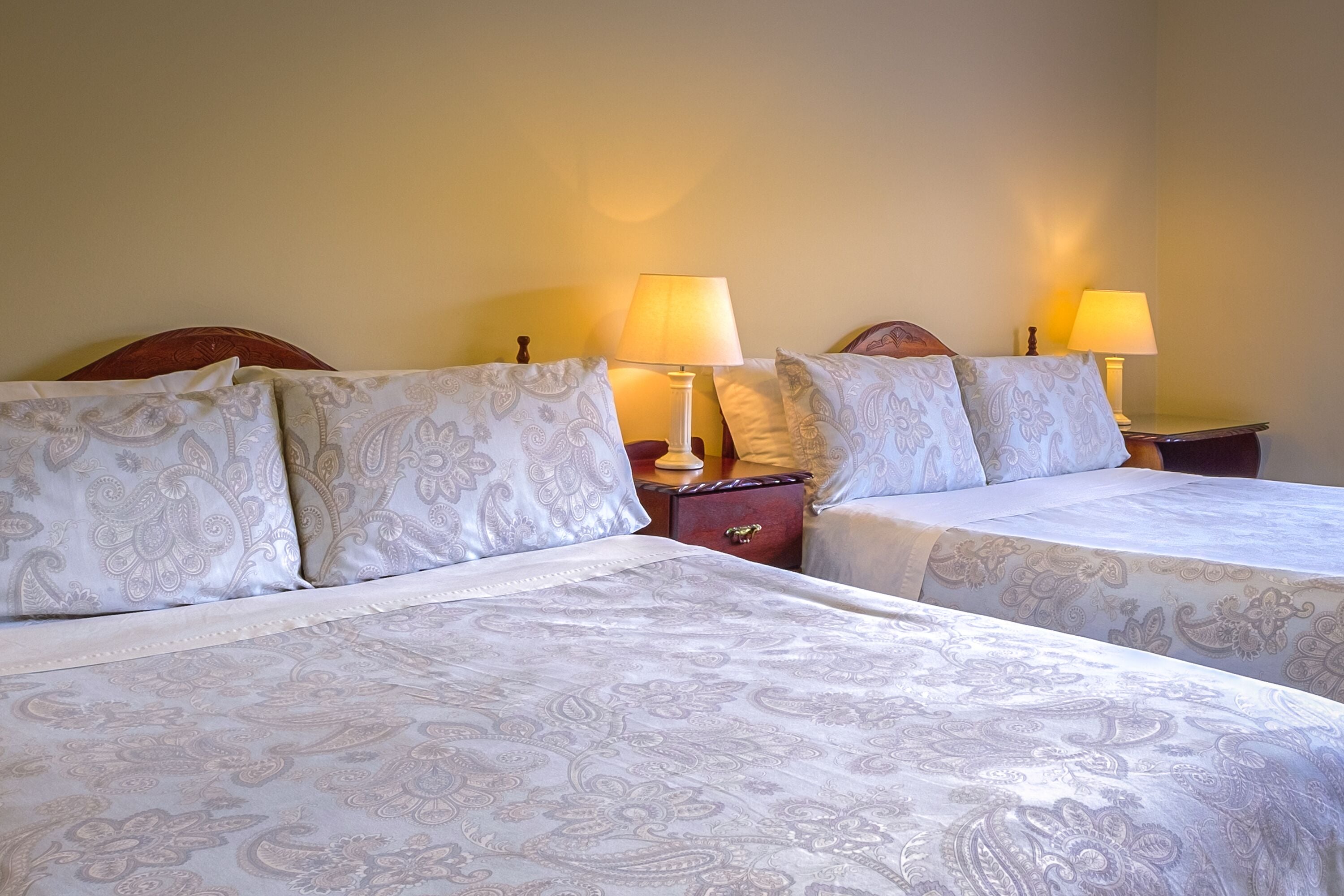 Ein Hotelzimmer mit zwei Betten, jeweils mit gemusterten Bettdecken und passenden Kissen. An den Nachttischen stehen Lampen und eine kleine Schublade.