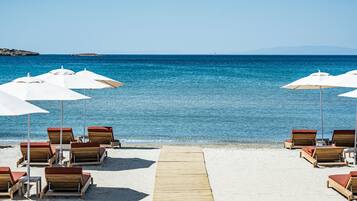 On the beach, sun-loungers, beach umbrellas, beach towels