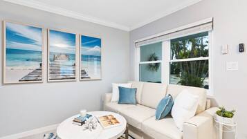 Een smart-tv, boeken, een filmbibliotheek en een stereo