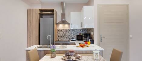 Fridge, microwave, oven, dishwasher