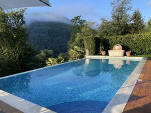 Seasonal outdoor pool, pool umbrellas, pool loungers