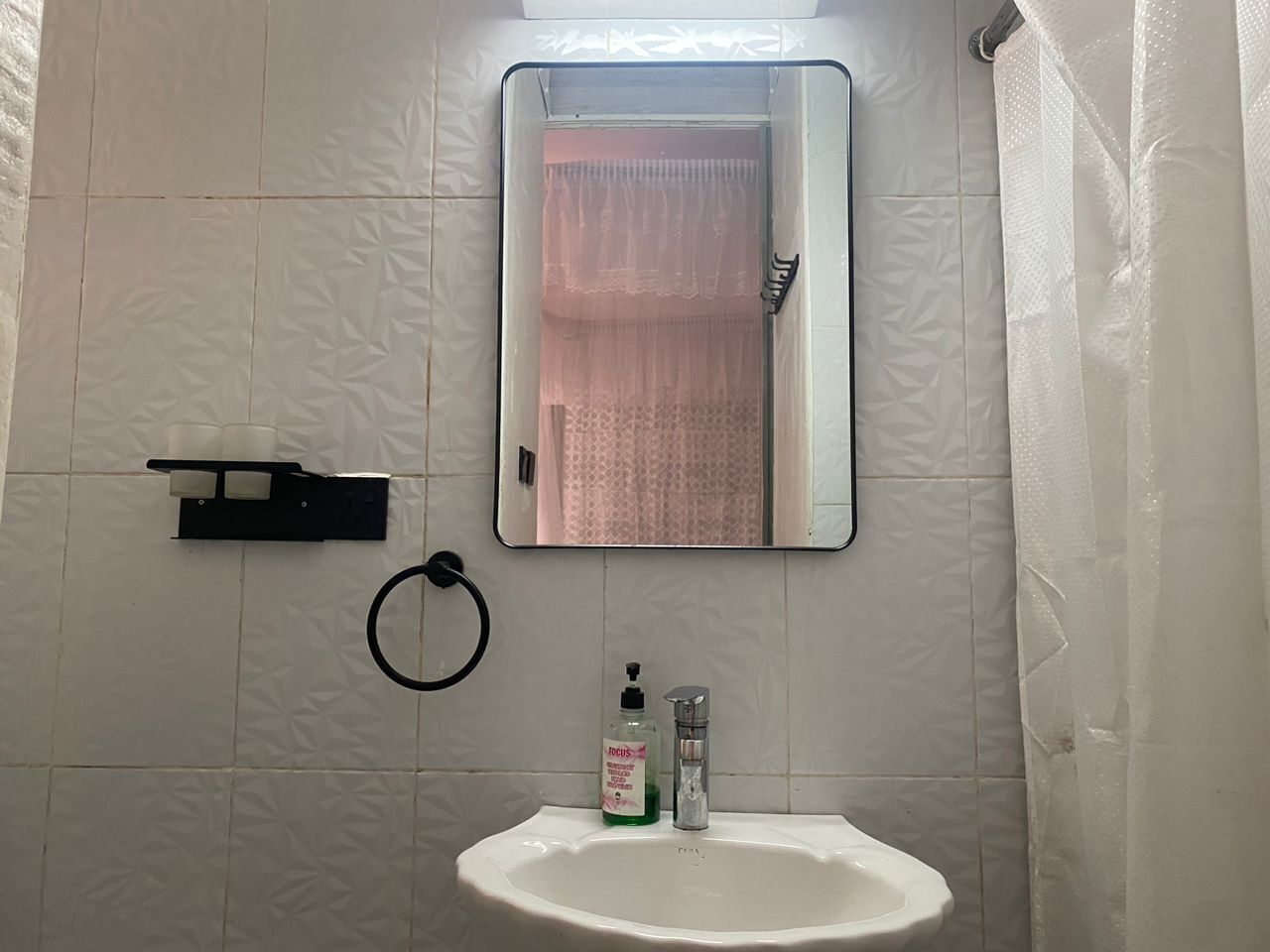 A bathroom with a white sink, a mirror, a toilet paper holder, a hand soap dispenser, and a towel ring.