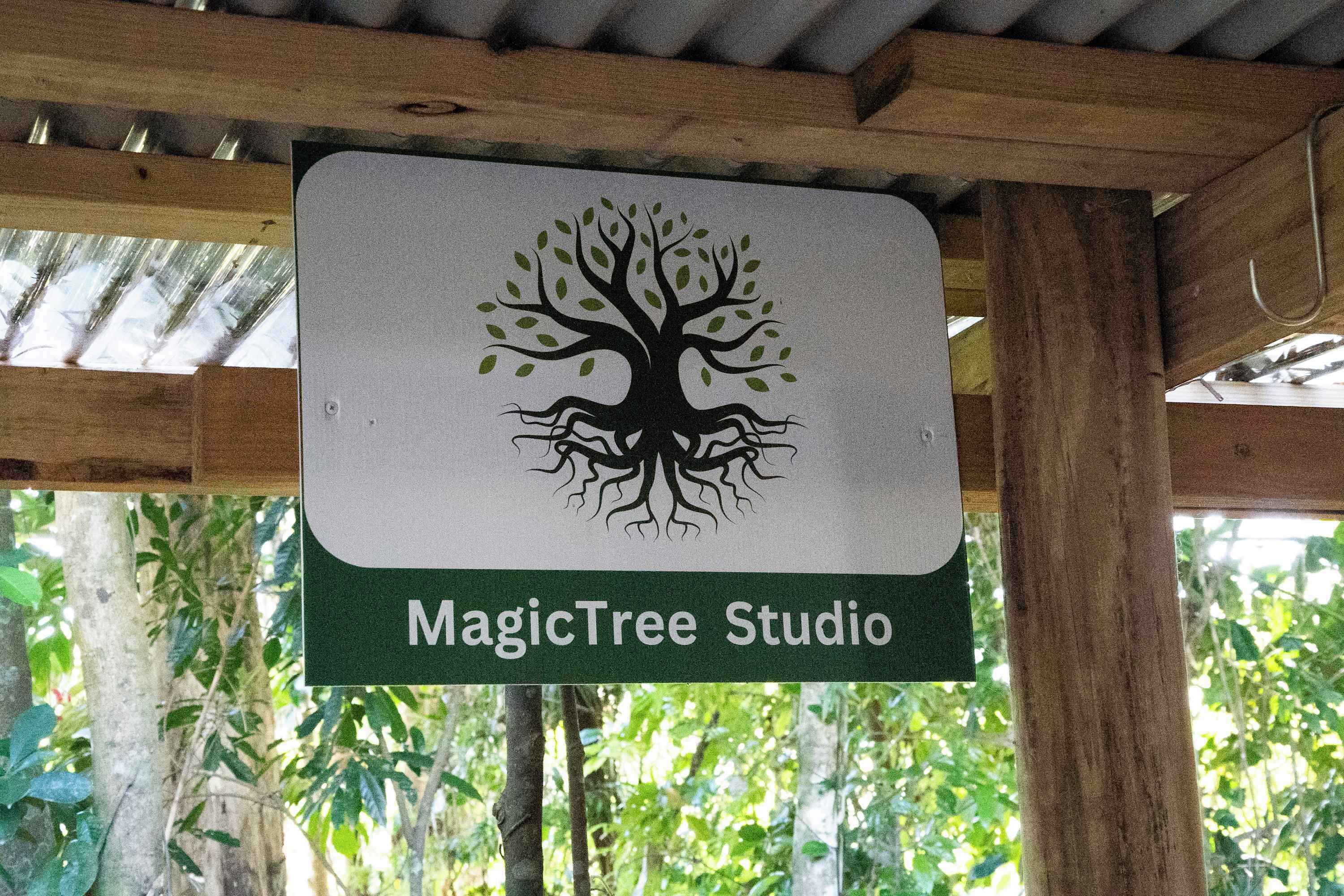 Un letrero con un logotipo de árbol y el texto 'MagicTree Studio' sobre una estructura de madera y un fondo natural.