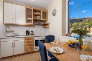 Fridge, oven, stovetop, coffee/tea maker