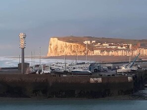 Boats bob gently in the marina, surrounded by a picturesque cliff and residential area.