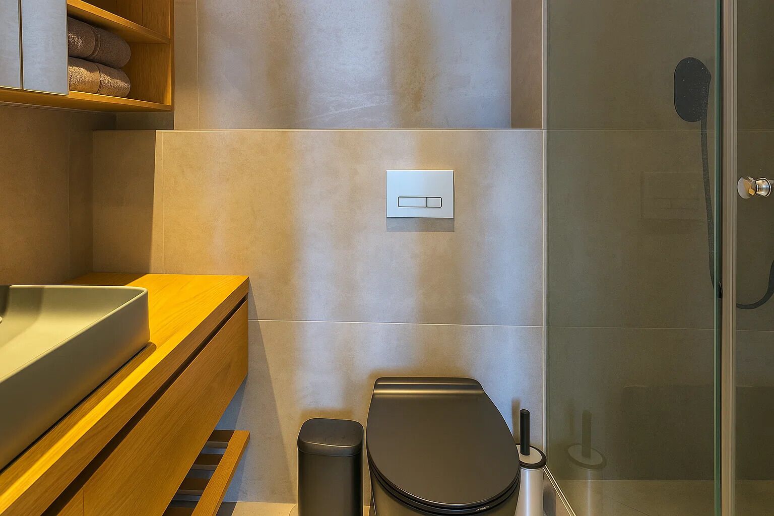 A modern bathroom with a wooden vanity, a toilet, and a shower area.