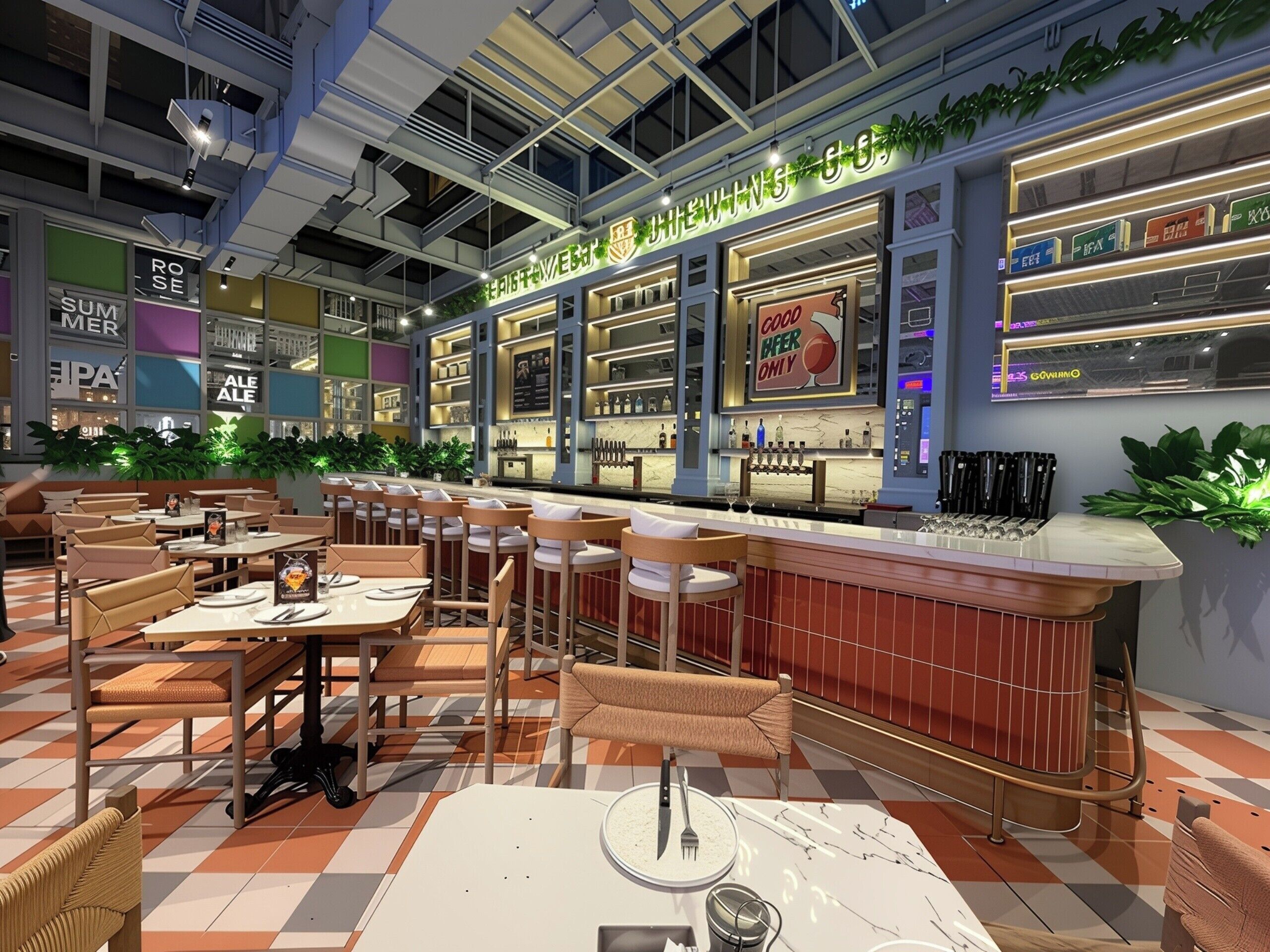 Een moderne bar met zitplaatsen en een toog.
