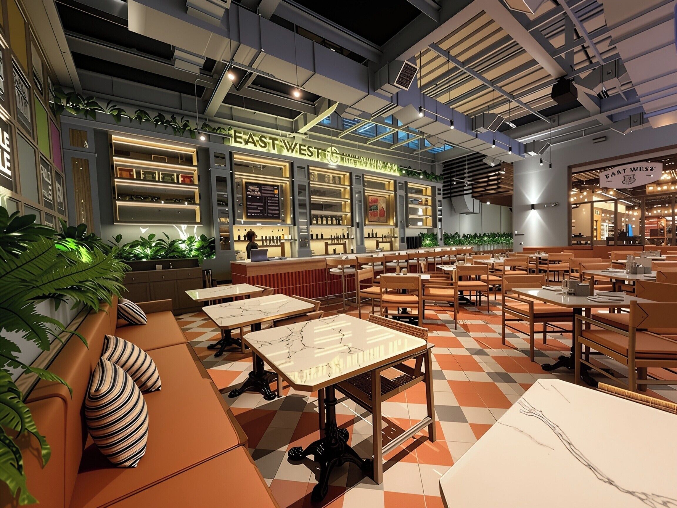 Un restaurante con una decoración moderna, que incluye una zona de bar, diferentes distribuciones de mesas y un tablero de menú visible.