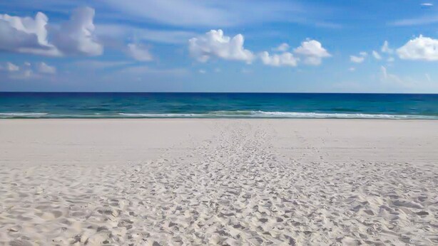 Une vaste plage de sable fin, avec un ciel bleu clair et une mer d’un bleu profond.