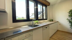 Una cocina moderna con una lavadora Bosch, un lavamanos y una ventana con marcos negros.