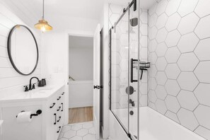 Shower, hair dryer, shampoo