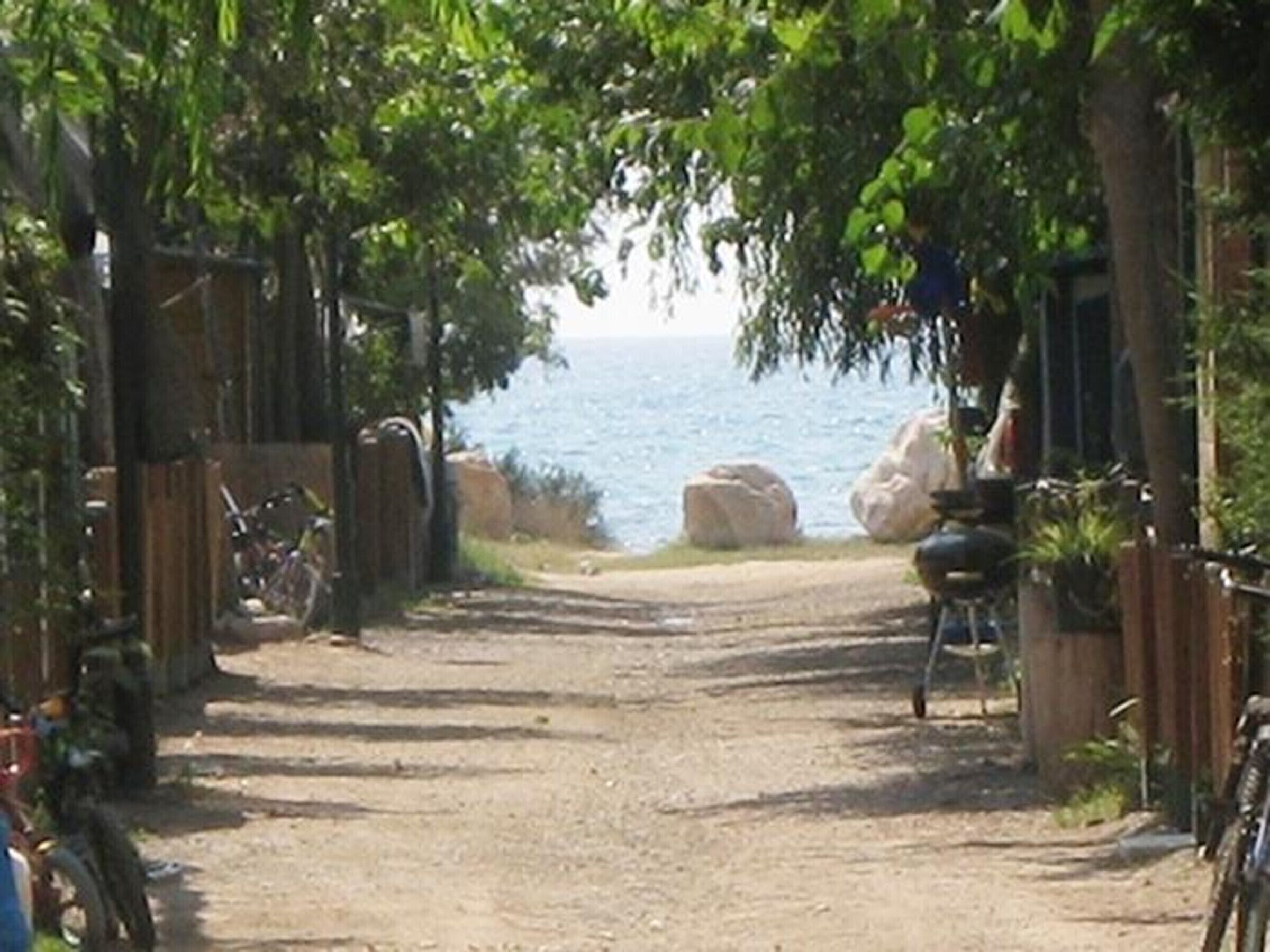 A dirt path leading to a beach with a wooden fence on one side and a barbecue grill on the other.