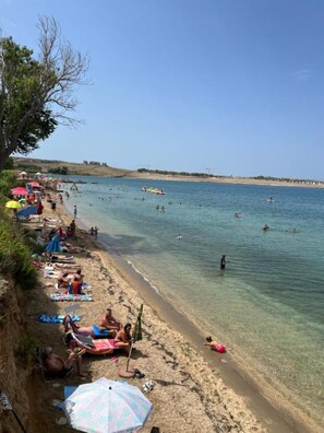 On the beach, sun-loungers