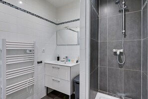 Douche, séchoir à cheveux, serviettes fournies, savon