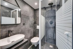 Shower, hair dryer, towels