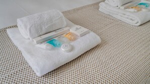 Een douche, een haardroger, handdoeken, zeep