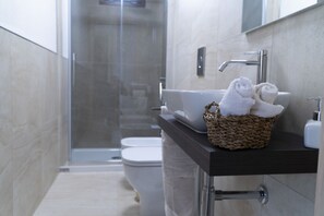 Douche, sèche-cheveux, bidet, serviettes fournies