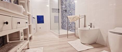 Shower, hair dryer, bidet, towels