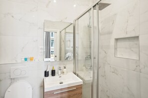 Shower, hair dryer, towels