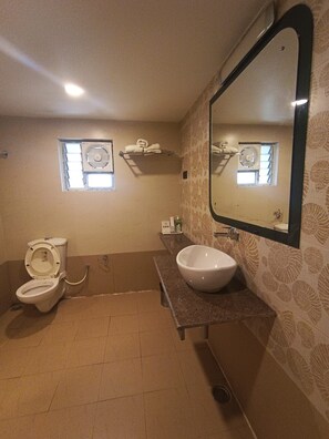 Un baño con inodoro, lavabo y espejo.