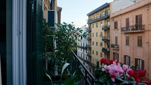 Un balcon donnant sur les bâtiments voisins, avec une rambarde en métal et quelques plantes.