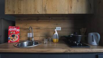 Fridge, stovetop, highchair, cookware/dishes/utensils