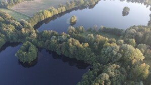 An aerial view of a lake surrounded by dense forest. - Gemütliches Tiny Haus Mitten in der Natur (Fitzen)