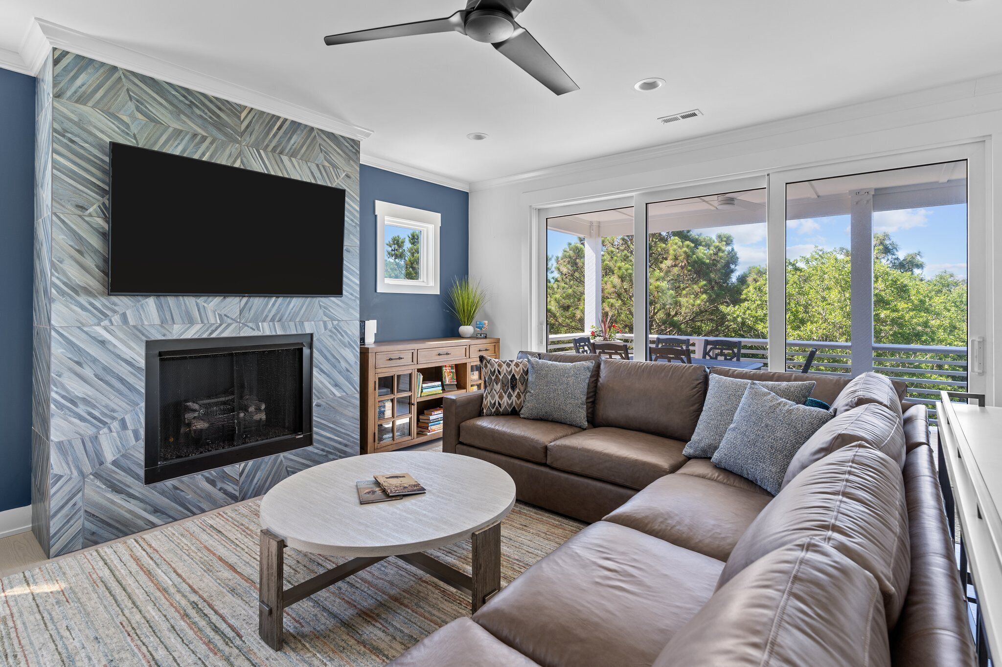 Smart TV, fireplace, books