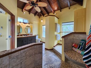 Shower, hair dryer, towels, soap -   DreamView On The Hill - 3 bd- 2 bath -Spectacular Island & Water Views --Solar (Cruz Bay)