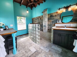 Shower, hair dryer, towels, soap -   DreamView On The Hill - 3 bd- 2 bath -Spectacular Island & Water Views --Solar (Cruz Bay)
