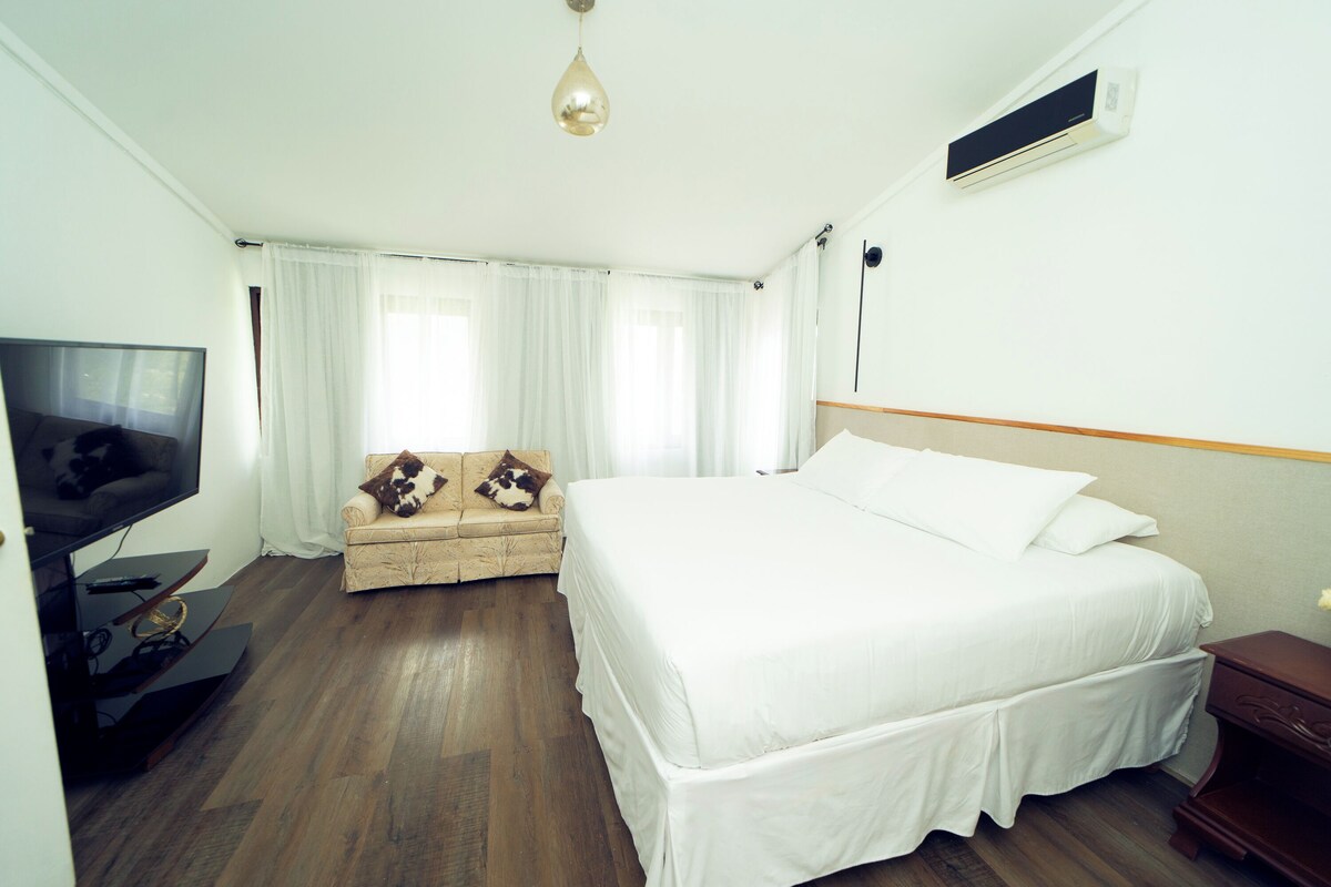 A hotel room with a bed, a TV, a sofa, and a ceiling light.